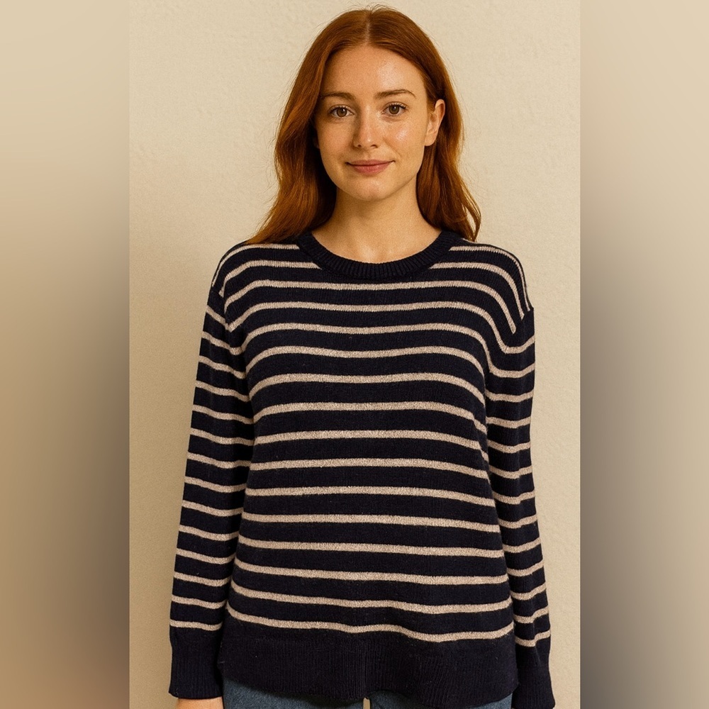 J. Crew Women’s Blue Striped Sweater Lamb’s Wool Blend Preppy Nautical Large